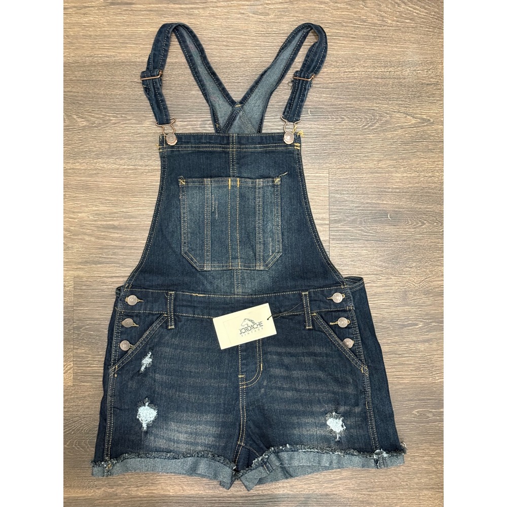 Jordache Vintage Denim Short Overalls Women M Dark Wash Distressed NWT